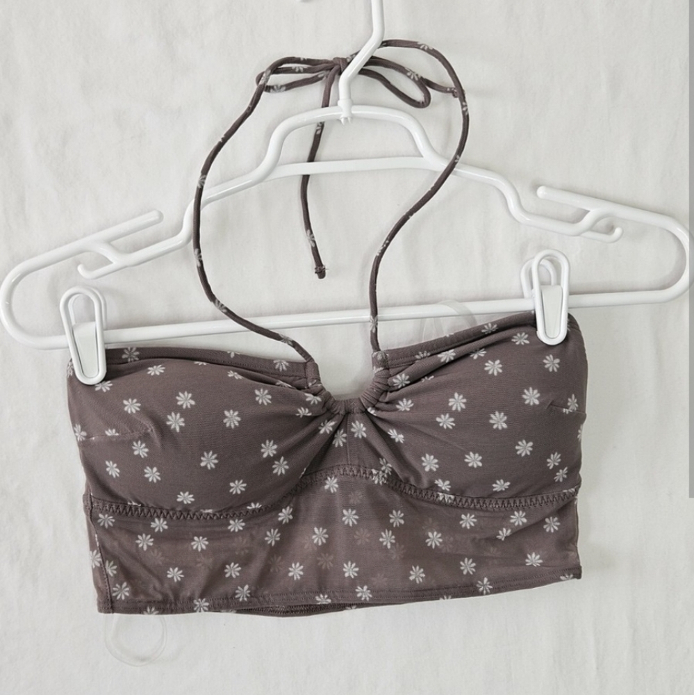 Gilly Hicks Grey Daisy Printed Halter Bandeau Intimates Mesh Bralette Small NEW